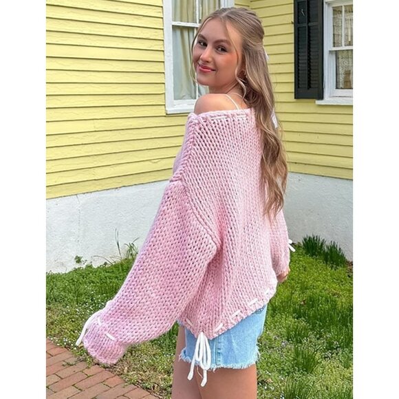 Womens Y2K Pullover Sweater Knit Loose Fit Bow Lace Up Going Out Top - Picture 4 of 6